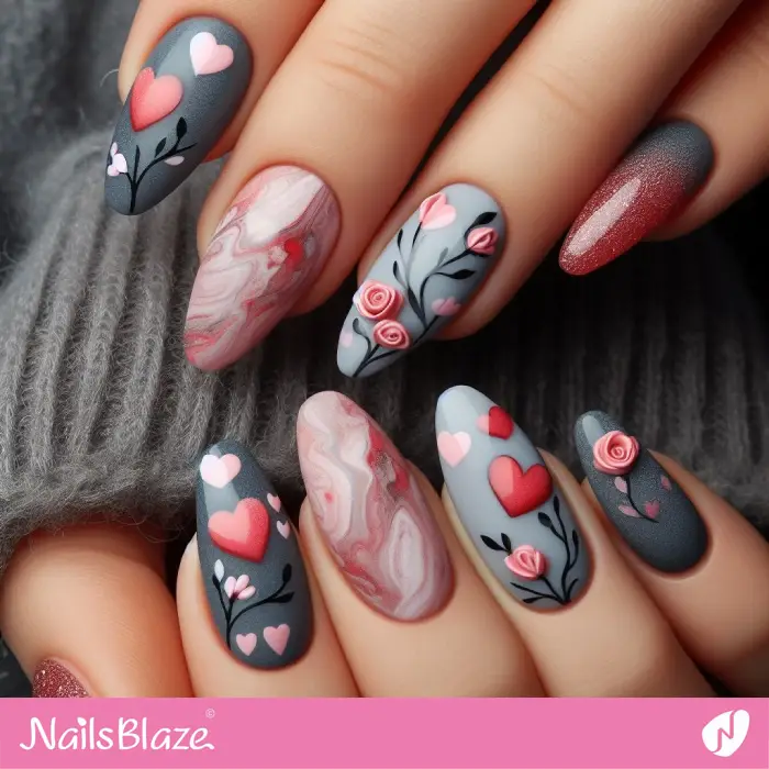 Marble Nails and 3D Design | Valentine Nails - NB2153